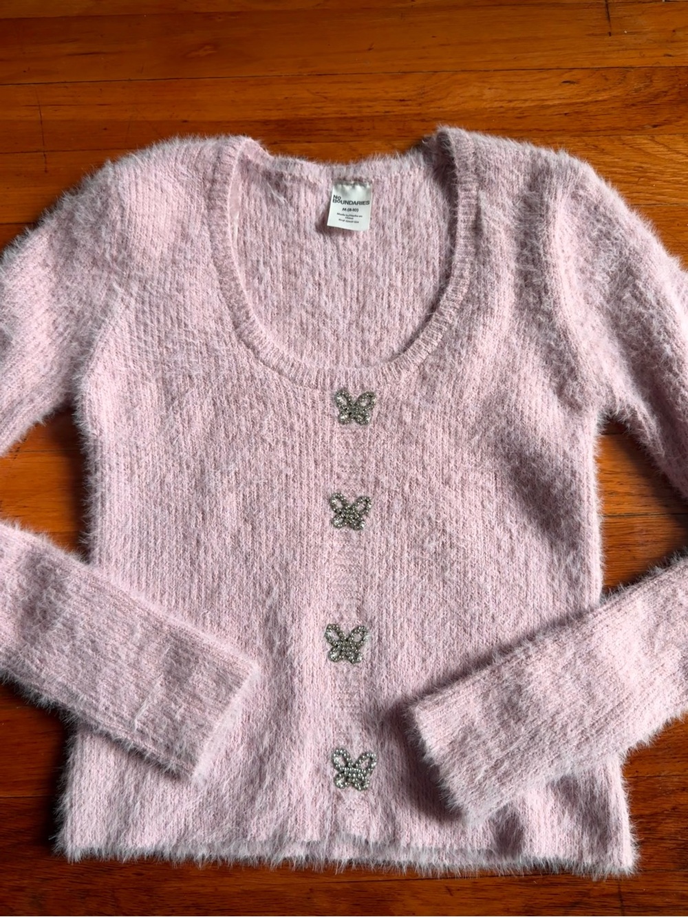 No Boundaries Light Pink Fuzzy Butterfly-Button Scoop Neck Sweater